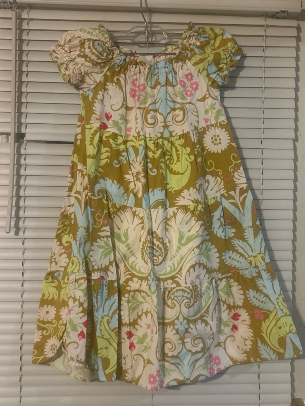 Girls Olive Green Floral Puff-Sleeve Sundress